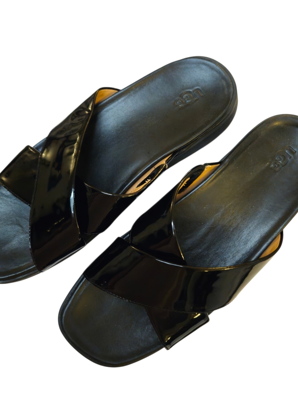 UGG Black Patent Crossband Slide Sandals